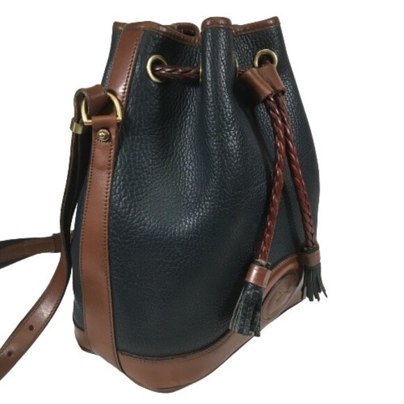 Dooney Bourke AWL Pebbled Leather Drawstring Hobo Bucket Navy Brown Shoulder Bag - Picture 2 of 16